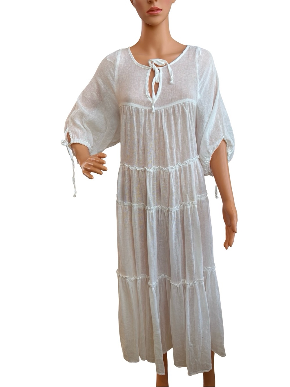 Flowy White Maxi Dress with Tie Neck